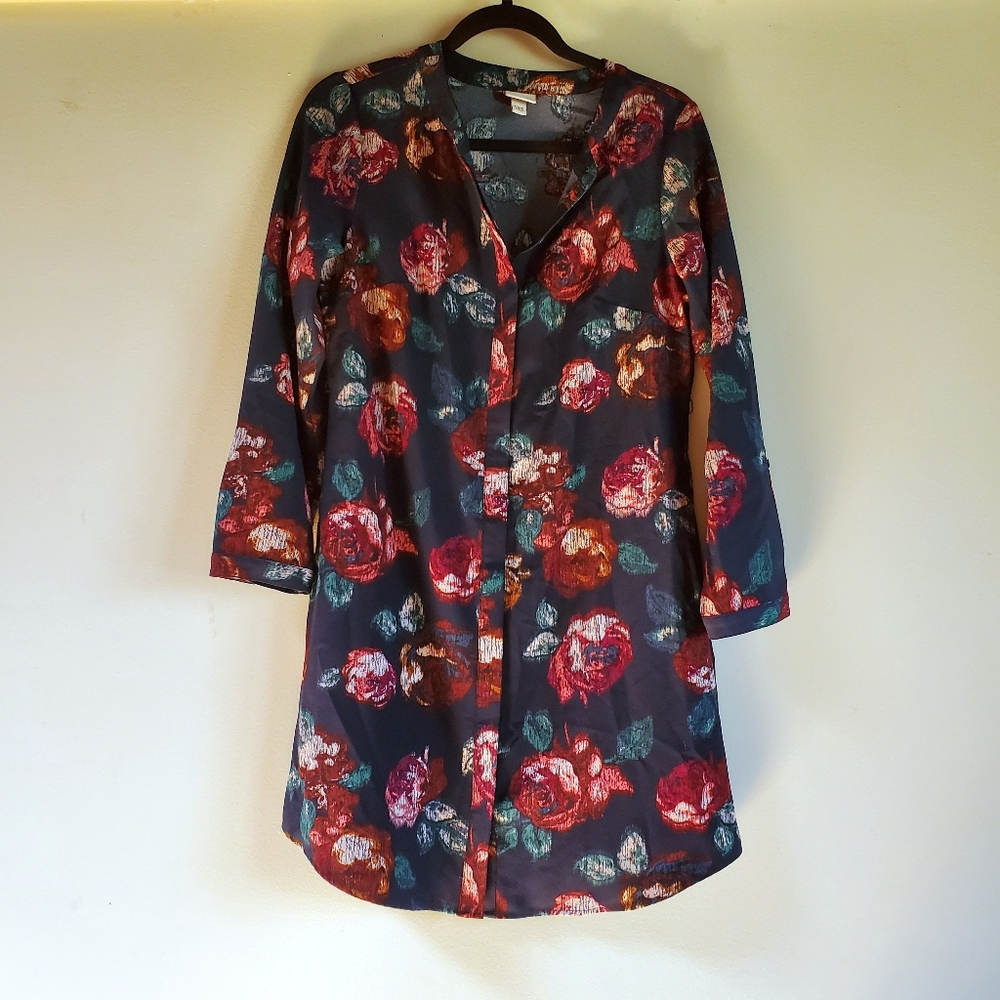 Merona Navy Blue Floral Shirt Dress - Size P Small, No Belt EUC